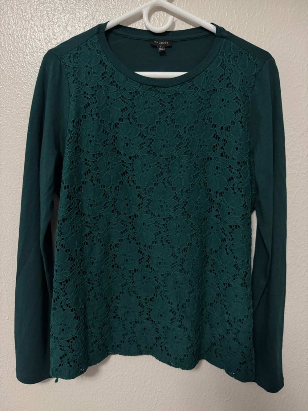 Talbots Teal Green Lace Front Long Sleeve Top